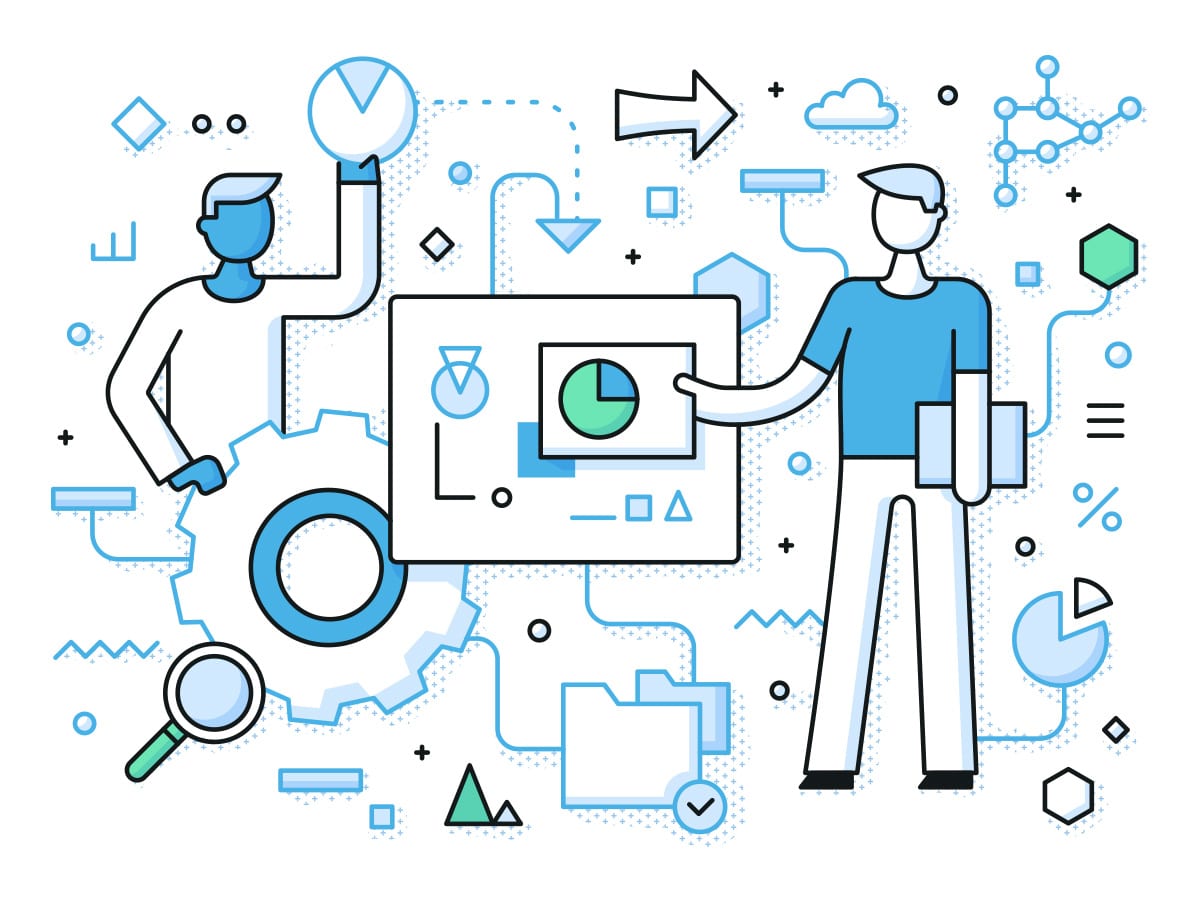 Two illustrated people surrounded by tech icons and cloud-based graphics