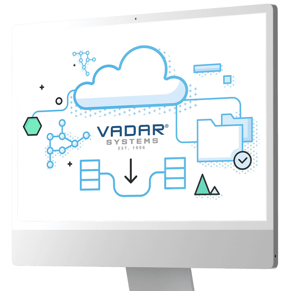 Desktop computer with on-screen graphics of the Vadar logo and cloud-based server technology